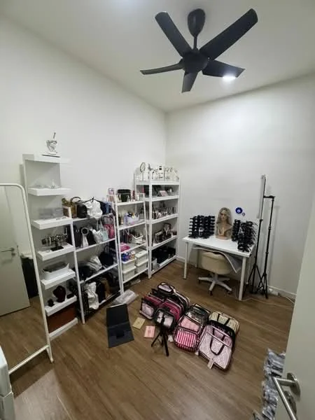 Room features: wooden flooring, white painted walls, 5-blade ceiling fan with light, built-in shelving units, desk with chair, full-length mirror, various bags on the floor, decorative mannequin, lighting equipment, storage boxes; style: modern.