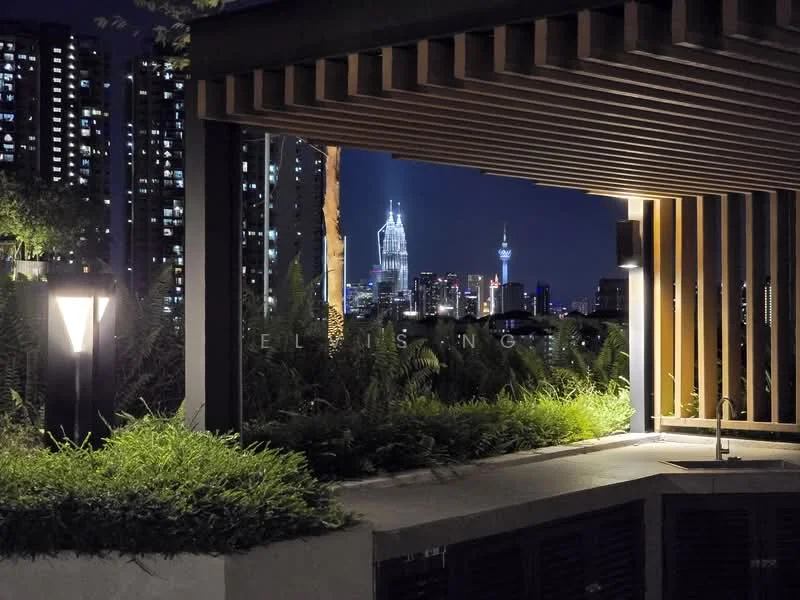 Exterior type: landscape garden; features: landscape garden with greenery, modern lighting fixtures, view of city skyline, visible high-rise buildings, nighttime ambiance, decorative wooden pergola, paved walkway, planting beds with shrubs; style: modern.