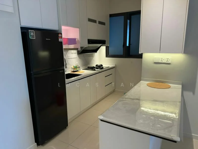 Kitchen features: white cabinetry, black refrigerator, built-in oven, 4-burner gas hob, stainless-steel range hood, marble countertop, single-bowl stainless-steel sink, white tiled backsplash, window with black frame, recessed downlights, kitchen island, open shelving; style: modern.