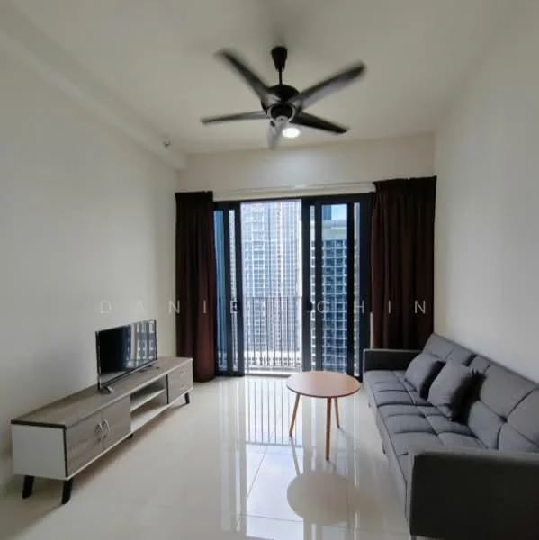 Living features: 3-seater fabric sofa in grey, wooden coffee table, TV console, wall-mounted TV, floor-to-ceiling windows, sliding glass door, dark brown curtains, ceiling fan with light, glossy tile flooring, neutral painted walls; style: modern; view: city.