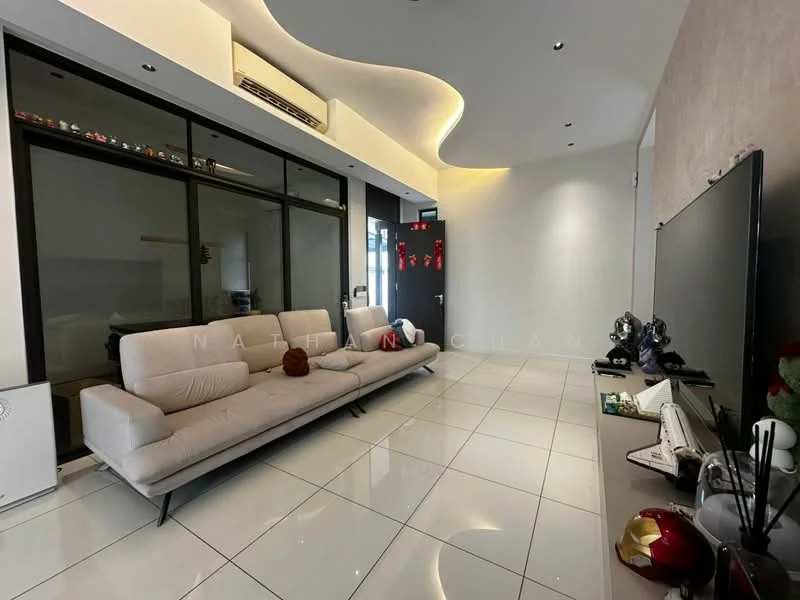 Living features: white painted walls, light grey accent wall, polished ceramic tile flooring, 5-blade ceiling fan with integrated LED light, floor-to-ceiling windows, sliding glass door, sofa with light fabric upholstery, TV console, wall-mounted TV, decorative items on shelves; style: modern.