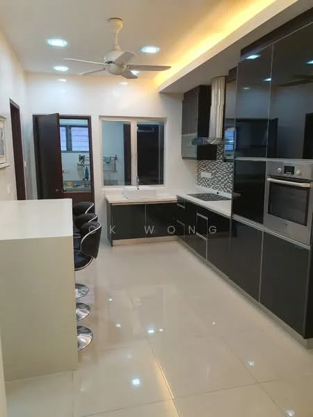 Kitchen features: black cabinetry with glossy finish, white countertop, single-bowl stainless-steel sink, chrome pull-down faucet, built-in oven, stainless-steel microwave, ceramic tile backsplash with geometric pattern, 4-burner gas hob, recessed downlights, ceiling fan, sliding window, bar seating with 3 chrome stools, white walls, polished tile flooring; style: modern.