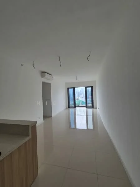 Living features: white painted walls, polished ceramic tile flooring, floor-to-ceiling windows, sliding glass door, air conditioning unit, recessed downlights, open layout, balcony view; style: modern; view: city. Kitchen features: granite countertop, wood cabinetry, kitchen island; style: modern.
