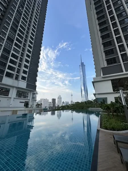 Exterior type: high-rise condominium; features: infinity pool, pool deck with loungers, surrounded by high-rise buildings, city skyline view, glass curtain wall facade, landscaped garden area, water feature, modern architectural design; style: modern.