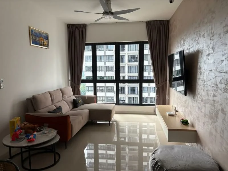 Living features: 3-seater fabric sofa in beige, floor-to-ceiling windows, curtains in light brown, wall-mounted TV, light-colored feature wall with texture, glossy tile flooring, ceiling fan with light, coffee table, decorative items on table; style: modern; view: city.