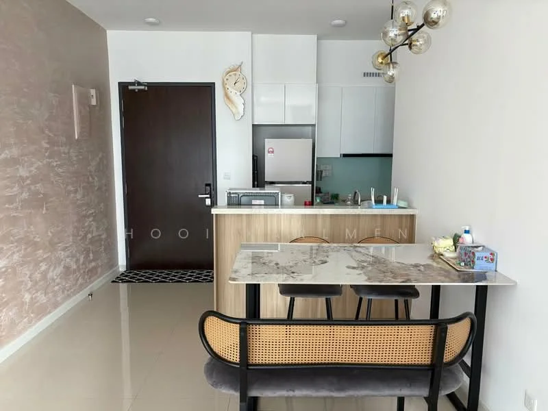 Kitchen features: white cabinets, marble countertop, stainless-steel fridge, built-in oven, ceramic cooktop, single-bowl stainless-steel sink, chrome pull-down faucet, open shelving, tile backsplash, recessed downlights, pendant lighting, dining table with 3 chairs, floor-to-ceiling windows, cream painted walls, glossy tile flooring; style: modern.