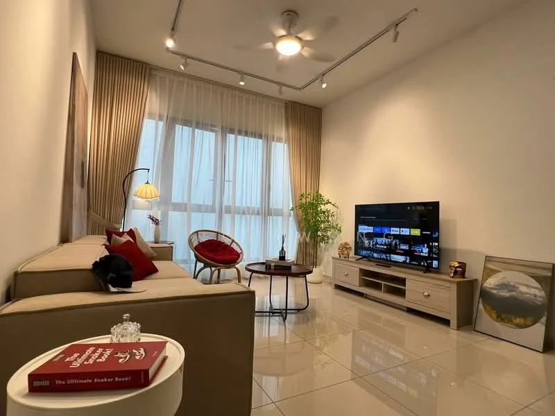 Living features: cream painted walls, white ceiling, 5-blade ceiling fan with light, large floor-to-ceiling windows, sheer curtains, light-colored sofa, red accent pillows, wooden coffee table, TV console with flat-screen TV, decorative wall art, indoor plant, area rug, side lamp, decorative book on table; style: modern.