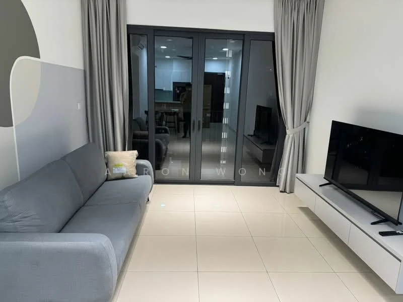 Living features: grey fabric sofa, white TV console, wall-mounted TV, floor-to-ceiling windows, light grey curtains, cream tiled flooring, recessed downlights, decorative wall with circular design; style: modern.