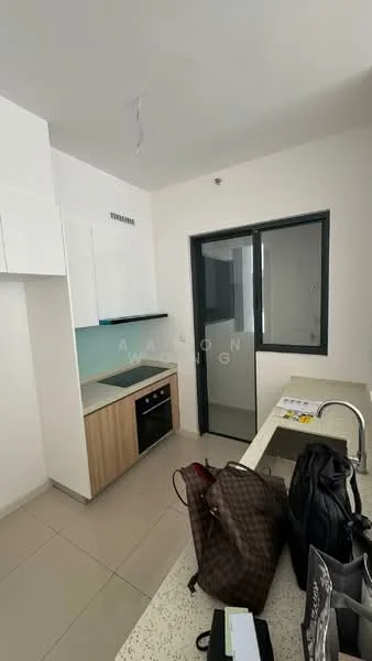 Kitchen features: white cabinetry with upper cabinets, light wood lower cabinets, stainless-steel built-in oven, stainless-steel sink, granite countertop, tile flooring, single-bowl sink, recessed lighting, sliding glass door, window with no visible treatment; style: modern.