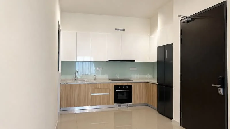 Kitchen features: white upper cabinets, wood lower cabinets, stainless-steel countertop, single-bowl stainless-steel sink, chrome pull-down faucet, built-in oven, stainless-steel fridge, glass backsplash, ceramic tile flooring, recessed downlights; style: modern.