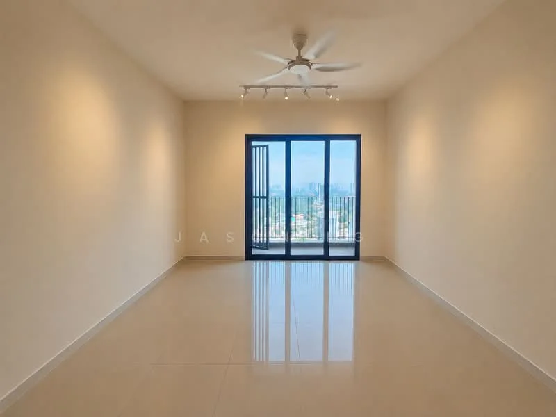 Living features: cream painted walls, glossy tile flooring, 5-blade ceiling fan with light, floor-to-ceiling windows, sliding glass door, city view, track lighting, neutral decor; style: modern; view: city.