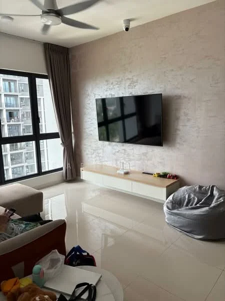 Living features: 3-seater fabric sofa in beige, wall-mounted TV, TV console in white, cream painted walls, glossy tile flooring, floor-to-ceiling windows, curtains in grey, ceiling fan, decorative wall with textured finish, bean bag chair, coffee table, decorative items on console; style: modern; view: city.