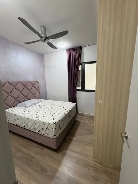 Bedroom features: queen-size bed with upholstered headboard, light-colored bedding, wooden flooring, 5-blade ceiling fan, purple curtain, window with black frame, light fixture in ceiling, plain painted walls with accent wall; style: modern.