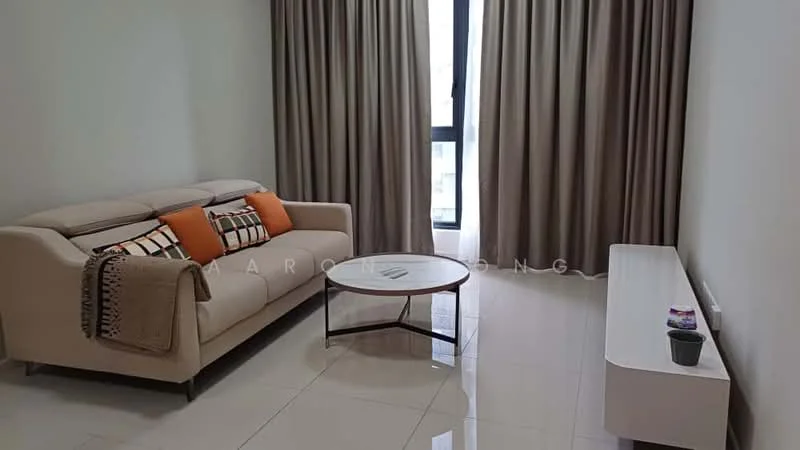 Living features: beige fabric sofa with orange cushions, round coffee table with glass top, white TV console, floor-to-ceiling window, light grey walls, cream tiled flooring, long beige curtains, decorative plant in pot; style: modern.