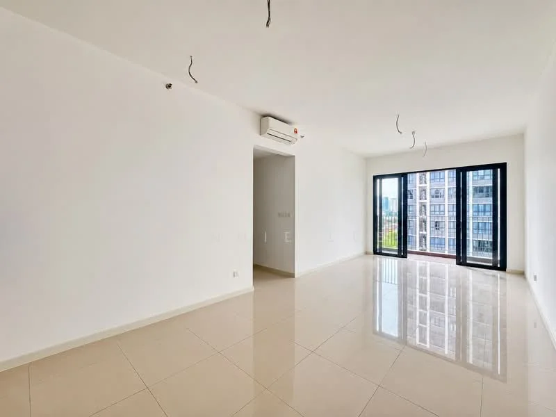 Living features: white painted walls, glossy ceramic tile flooring, floor-to-ceiling windows, sliding glass door, 1 wall-mounted split AC, recessed downlights, no visible furniture, open layout; style: modern; view: city.