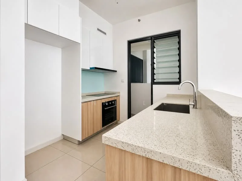 Kitchen features: single-bowl stainless-steel sink, chrome pull-down faucet, granite countertop, light wood cabinetry, built-in oven, 4-burner gas hob, white painted walls, tile flooring, sliding glass window, open shelving; style: modern.