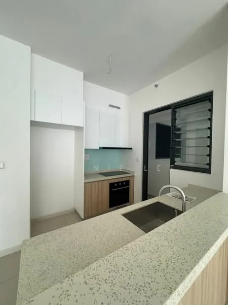 Kitchen features: white cabinetry, light wood cabinetry, granite countertop with speckled pattern, built-in oven, stainless-steel cooktop, single-bowl stainless-steel sink, chrome pull-down faucet, backlit glass splashback, tile flooring, window with louvered shutters, recessed ceiling lights; style: modern.
