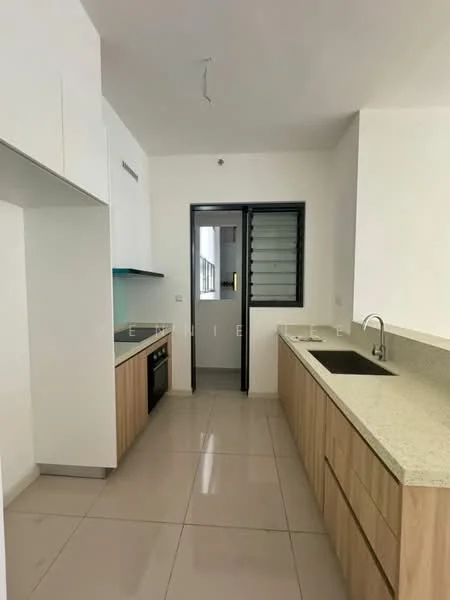 Kitchen features: white cabinetry, wooden lower cabinets, granite countertop, single-bowl stainless-steel sink, chrome pull-down faucet, built-in oven, ceramic tile flooring, recessed downlights, wall-mounted window, open layout; style: modern.