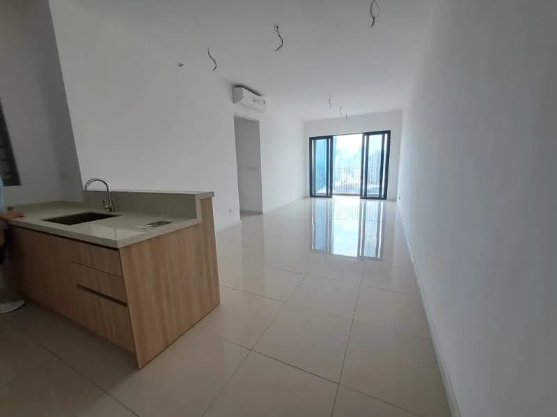 Kitchen features: single-bowl stainless-steel sink, wood cabinetry, granite countertop, open layout, kitchen island; style: modern. Living features: large floor-to-ceiling windows, white painted walls, polished tile flooring, recessed downlights, air conditioning unit; style: modern.