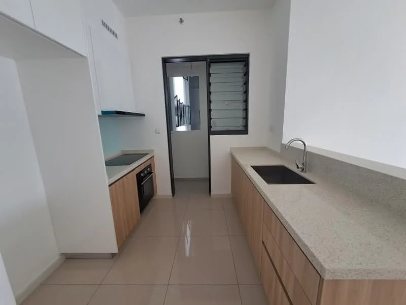 Kitchen features: granite countertop, wood cabinetry, built-in oven, stainless-steel sink, chrome pull-down faucet, ceramic tile flooring, sliding window, kitchen island, electric cooktop; style: modern.