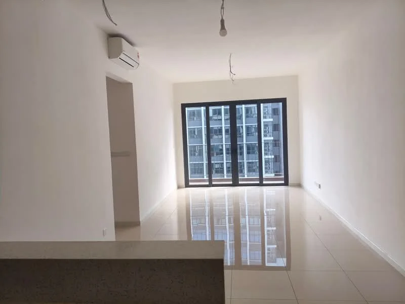 Living features: glossy tile flooring, white painted walls, recessed downlights, floor-to-ceiling windows, sliding glass door, 1 wall-mounted split AC, open layout, neutral color scheme; style: modern; view: city.