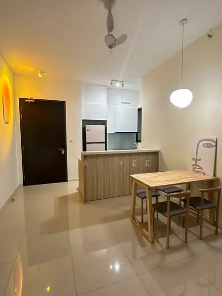 Kitchen features: white cabinets, stainless-steel fridge, built-in oven, 4-burner gas hob, single-bowl stainless-steel sink, chrome pull-down faucet, light-colored countertop, pendant light, ceiling fan, tile flooring, dining table with 4 chairs, open layout, wall-mounted cabinets; style: modern.