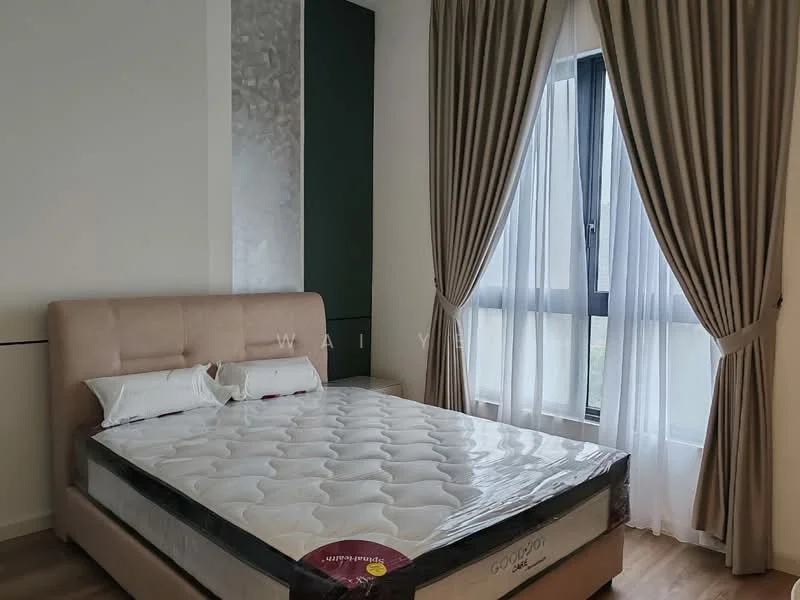 Bedroom features: king-size bed, upholstered headboard, white bedding, floor-to-ceiling window, sheer curtains, blackout curtains, wooden flooring, green accent wall, decorative wall panel, bedside lamps; style: modern.
