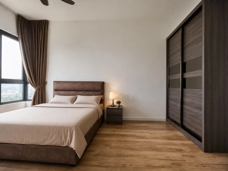 Bedroom features: king-size bed with upholstered headboard, bedside lamp on nightstand, built-in wardrobe with sliding doors, large window with city view, curtains in beige, wooden flooring, neutral wall color, ceiling fan; style: modern; view: city.