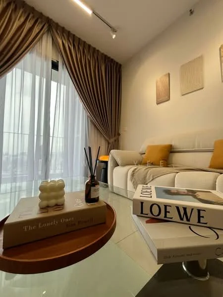 Living features: floor-to-ceiling windows, sheer curtains, light grey fabric sofa, decorative cushions in mustard, wooden coffee table, decorative books on table, reed diffuser, wall-mounted artwork, laminate flooring, recessed ceiling lights; style: modern; view: city.