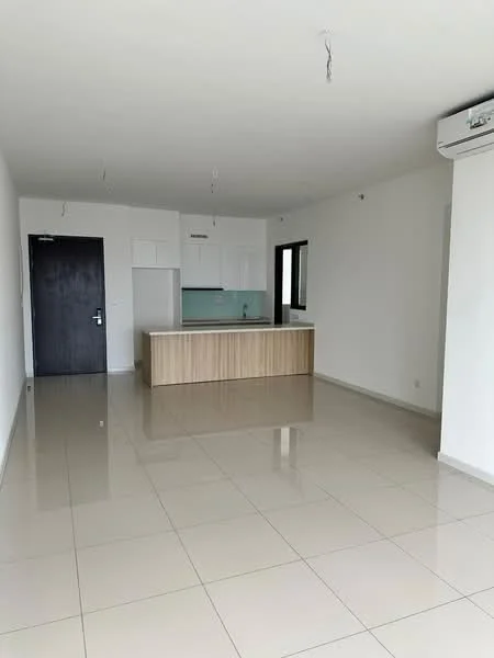 Living features: glossy ceramic tile flooring, white painted walls, kitchen island with wooden cabinetry, built-in kitchen cabinets, glass backsplash, floor-to-ceiling window, air conditioning unit, recessed ceiling lights; style: modern.