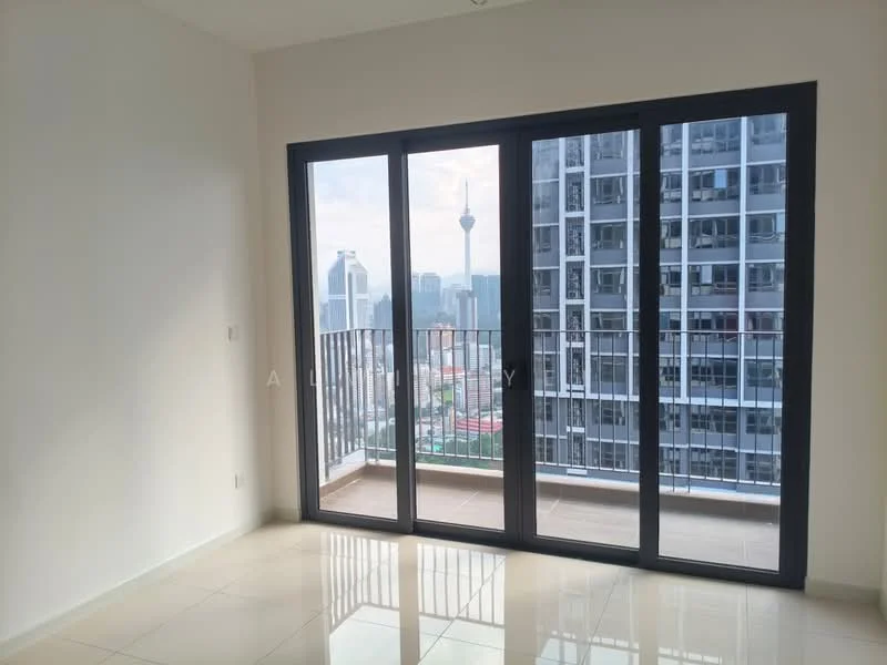 Room features: floor-to-ceiling windows, sliding glass door, cream painted walls, glossy tile flooring, balcony view, city skyline view, natural light, neutral color scheme; style: modern; view: city.