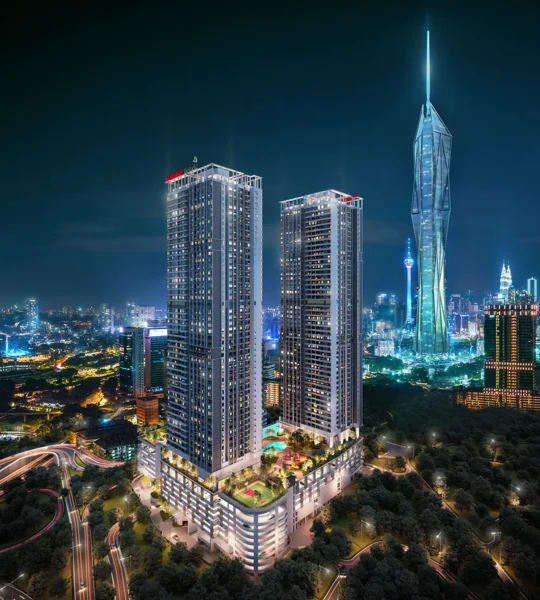 Exterior type: high-rise condominium; features: glass curtain wall, recessed balconies, feature lighting at night, manicured lawn, outdoor amenities, surrounded by mature greenery, urban skyline view, adjacent to highway; style: modern.