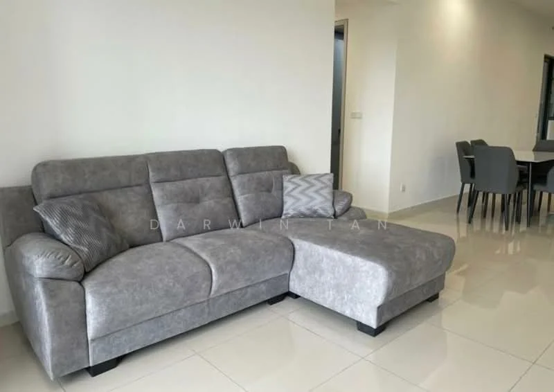 Living features: L-shape sectional sofa in grey, decorative cushion, white painted walls, glossy tile flooring, dining table in background, neutral color palette, open layout, natural light from windows; style: modern.