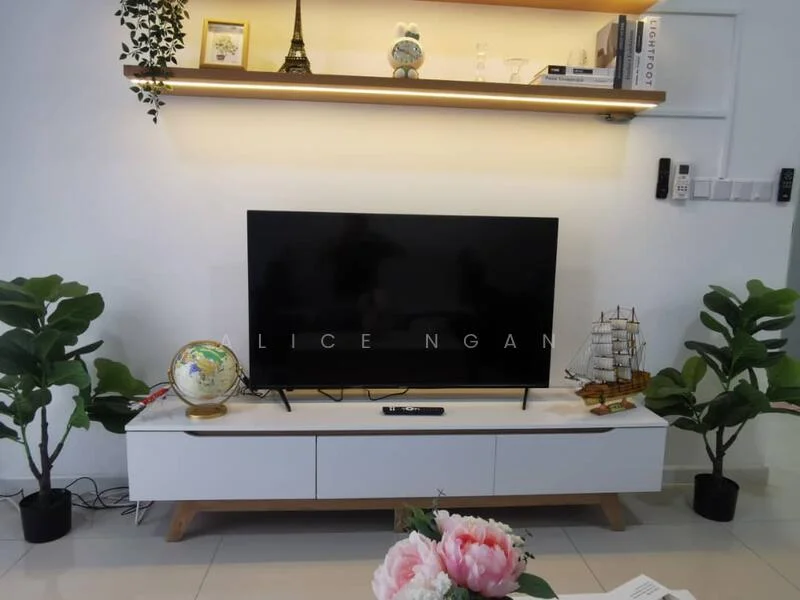 Living features: white TV console with wooden legs, large flat-screen TV, decorative globe, model ship, shelf with decorative items, green potted plants, light-colored tiled flooring, wall-mounted lighting, neutral wall color; style: modern.