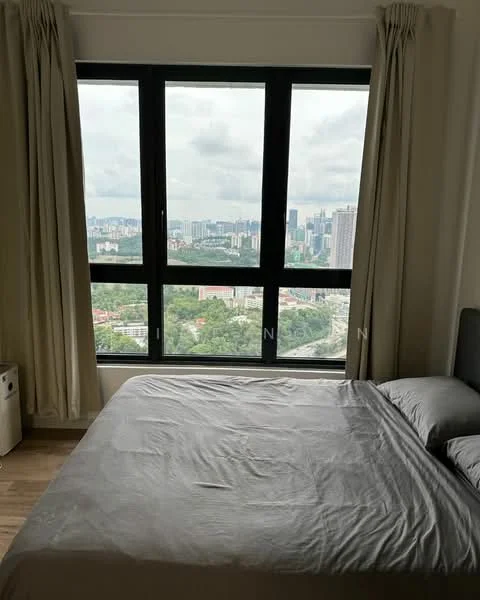 Bedroom features: king-size bed with grey bedding, floor-to-ceiling windows, black window frames, curtains in light fabric, wooden flooring, city skyline view, nightstand, decorative wall art; style: modern; view: city.