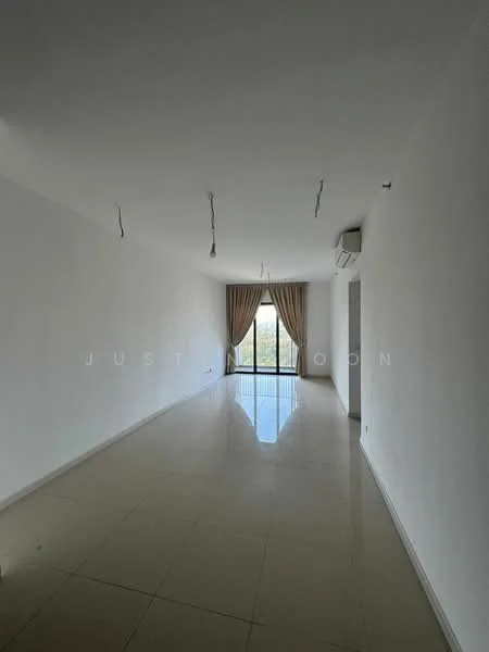 Living features: white painted walls, polished ceramic tile flooring, floor-to-ceiling windows, sheer curtains, recessed downlights, 1 wall-mounted split AC; style: modern; view: city.