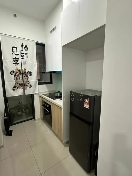 Kitchen features: white upper cabinets, wood lower cabinets, black refrigerator, built-in oven, stainless-steel sink, chrome pull-down faucet, countertop with backsplash, ceramic tile flooring, window with sheer curtains, decorative wall hanging; style: modern.