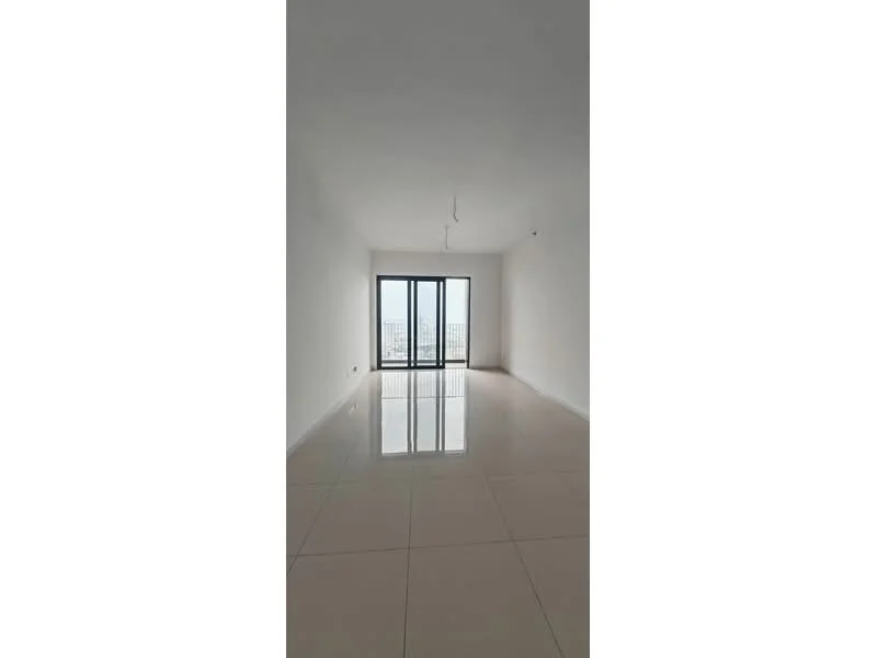 Living features: white painted walls, glossy tile flooring, floor-to-ceiling windows, city view, no visible furniture, neutral ceiling, single light fixture, open layout; style: modern; view: city.