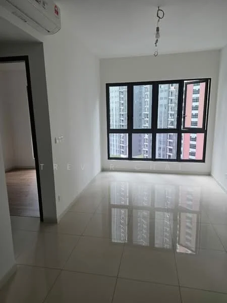Room features: white painted walls, glossy tile flooring, floor-to-ceiling windows, 1 wall-mounted split AC, recessed ceiling light, neutral color palette, open layout, city view through windows; style: modern; view: city.