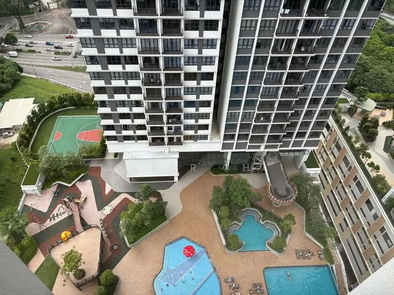 Exterior type: high-rise condominium; features: swimming pool, children's playground, basketball court, landscaped garden, pool deck with loungers, manicured lawn, outdoor dining area, multi-level building, surrounded by greenery, driveway, parking area; style: modern.