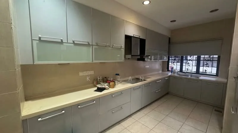 Kitchen features: grey cabinetry with glass panels, white countertop, built-in oven, stainless-steel range hood, single-bowl stainless-steel sink, chrome pull-down faucet, ceramic tile flooring, recessed downlights, window with grille, wall-mounted cabinets, counter space, kitchen appliances on countertop; style: modern.