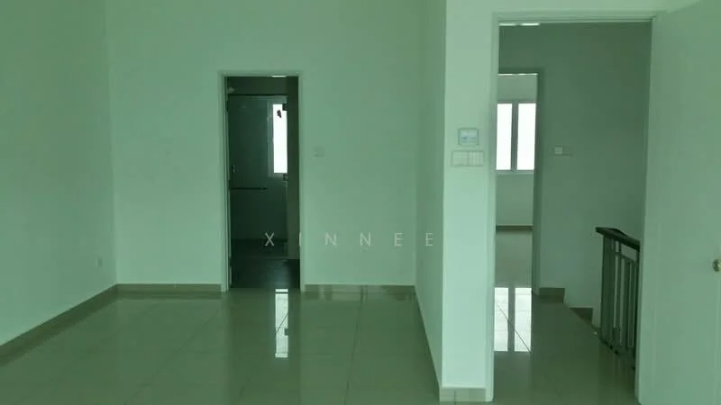 Room features: white painted walls, glossy ceramic tile flooring, doorway leading to another room, doorway leading to a bathroom, window with natural light, light switch on the wall, staircase railing visible; style: modern.