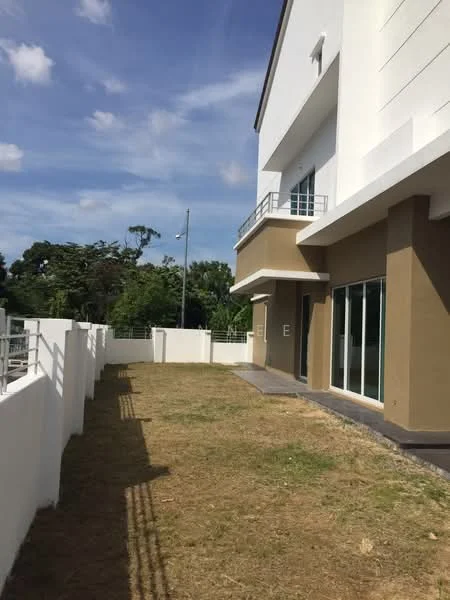 Exterior type: detached bungalow; features: white painted facade, brown accent wall, flat roof, manicured lawn, surrounded by greenery, large windows, balcony with railing, paved walkway; style: modern.