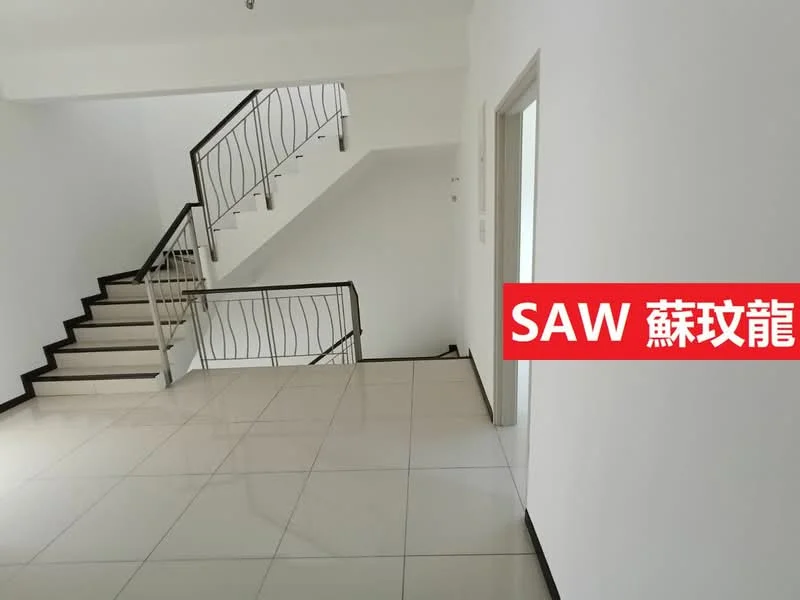 Room features: white painted walls, glossy ceramic tile flooring, staircase with metal railing, open space layout, high ceiling, natural light from windows, neutral color scheme, no visible furniture; style: modern.