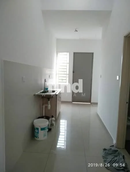 Room features: white painted walls, glossy ceramic tile flooring, single door, window with horizontal bars, built-in cabinetry with countertop, sink, light fixture on ceiling, paint bucket on floor; style: modern.