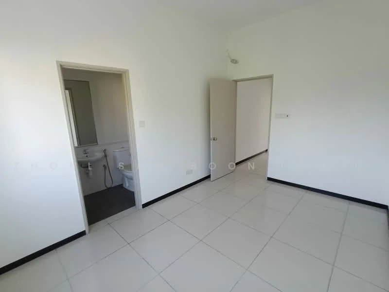 Room features: white painted walls, glossy ceramic tile flooring, one-piece toilet, sink with mirror, door to bathroom, door to hallway, neutral color scheme, natural light from window; style: modern.