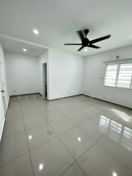 Room features: white painted walls, grey floor tiles, 5-blade ceiling fan, recessed downlights, window with blinds, doorway leading to another room, natural light from window, smooth ceiling; style: modern.