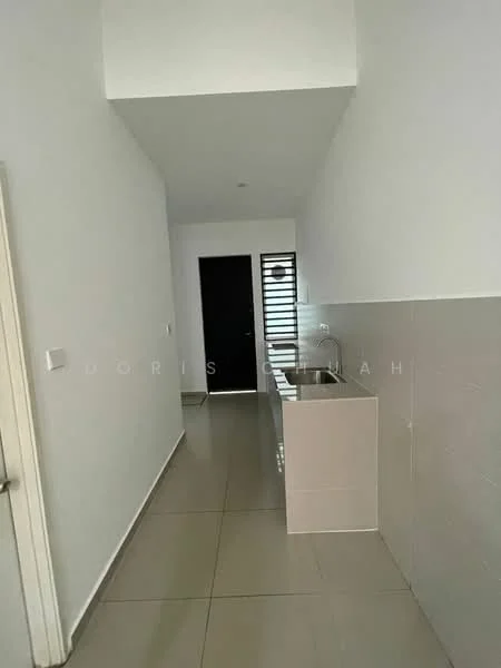 Room features: white painted walls, grey tiled flooring, single-bowl stainless-steel sink, wall-mounted faucet, kitchen cabinetry, door leading to another room, window with horizontal slats, recessed ceiling lights; style: modern.
