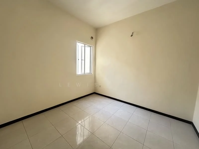 Room features: white painted walls, tile flooring, single window, no visible furniture, neutral color scheme, corner lighting fixtures; style: minimalist.