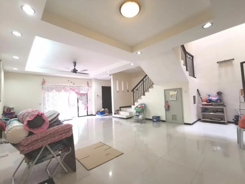 Living features: white painted walls, polished ceramic tile flooring, 5-blade ceiling fan with light, recessed downlights, large windows with sheer curtains, open layout, staircase with black railing, decorative wall features, multiple seating areas, natural light from windows; style: modern.